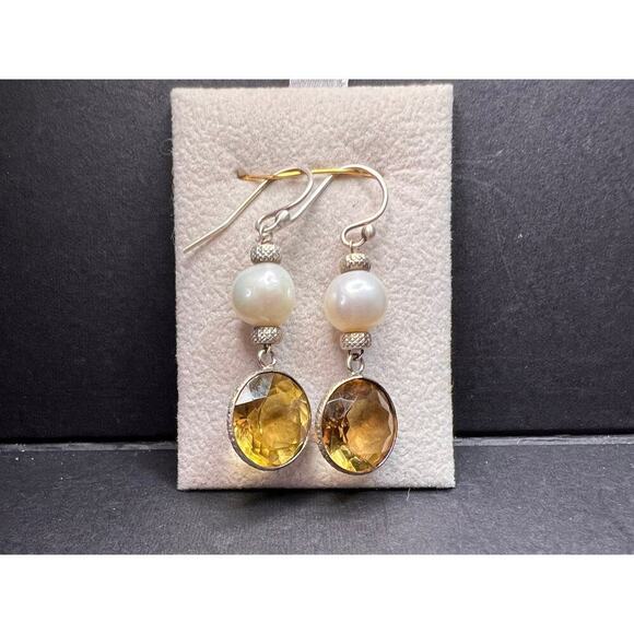 Citrine and pearl sterling silver dangle earrings - Picture 10 of 16